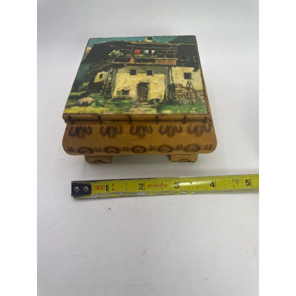 Vintage Innsbruck Austrian Alpine Wood Trinket‎ Box Hand Painted Cottage Scene